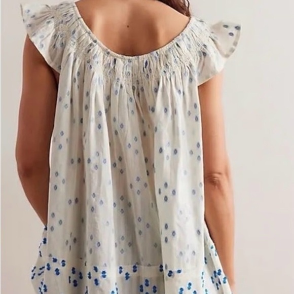 We The Free Jules Dress Cotton Tunic Top Ivory and Blue Patterned Top - Picture 2 of 7